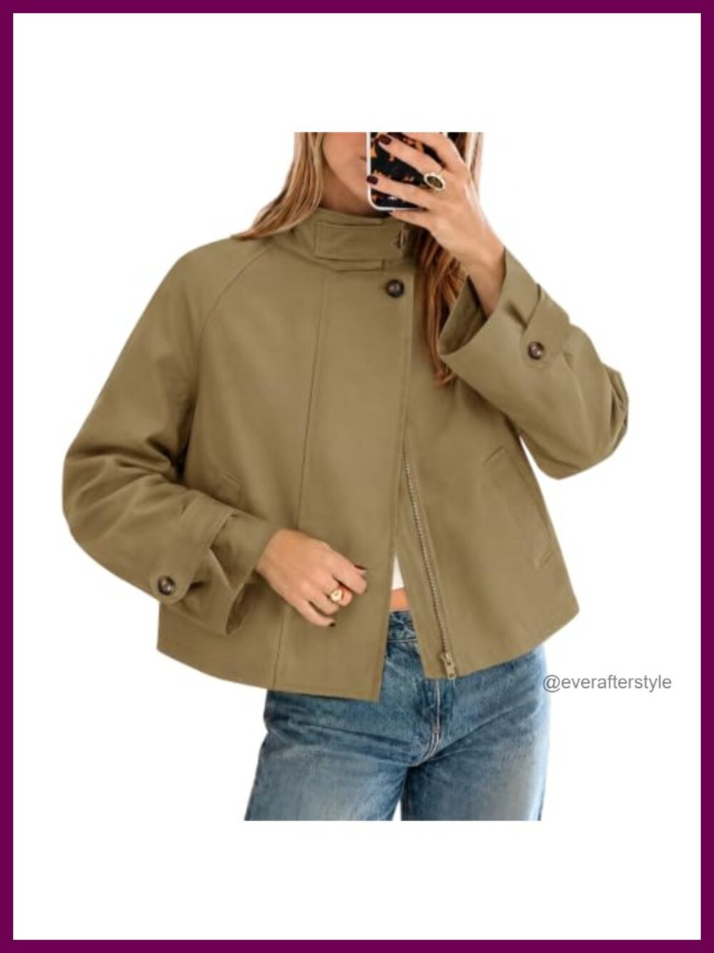 Yousify Women Cropped Trench Coat Fall Winter Funnel Neck Zip Jacket